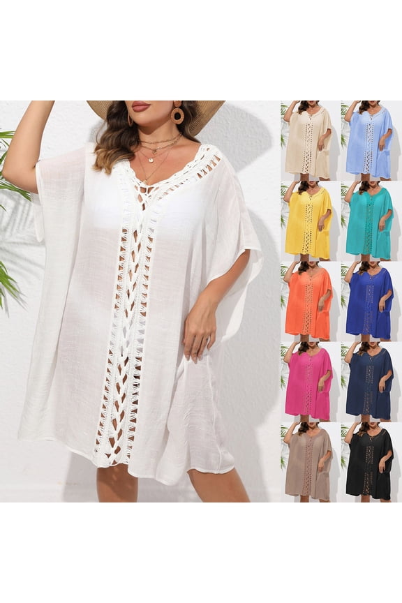 Beach Cover Ups for Women Top - Soft Crochet Knit Batwing Sleeve Boho Dresses Hollow Out Summer Swimwear Cover Up Beige, One Size