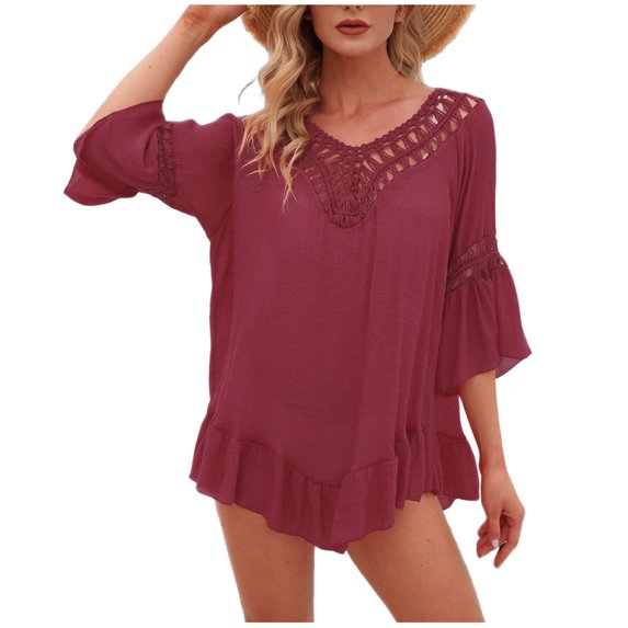 Beach Cover Ups for Women, Womens Beach Cover Ups Short Sleeve Mesh Swimsuit Coverup Summer Outfits Tropical Vacation Resort Wear for Women 2026