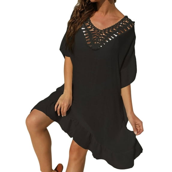 Beach Coverup Dress Crochet Hollow Out V Neck Swimwear Bikini Batwing Sleeve Swimsuit Cover Ups Bathing Suit Cover Up Alsol Lamesa