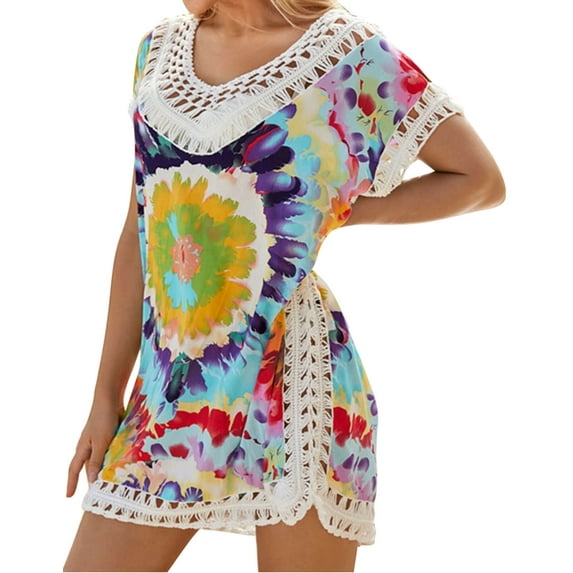Beach Coverup Dress Floral Print Hollow Out Plus Size Swimwear Bikini Swimsuit Cover ups Bathing Suit Coverups
