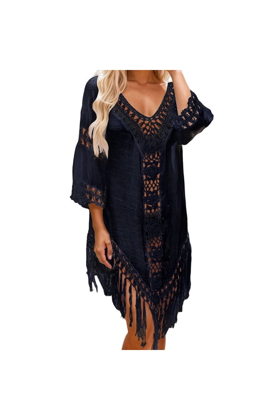 Beach Coverups for Women 2026 Women's Bathing Suit Cover Up Elegant Hand Crochet Open Back Beach Cover Up Tunic With Fringe Boho Summer Lace Yarn Knit Sheer Swimwear Wrap