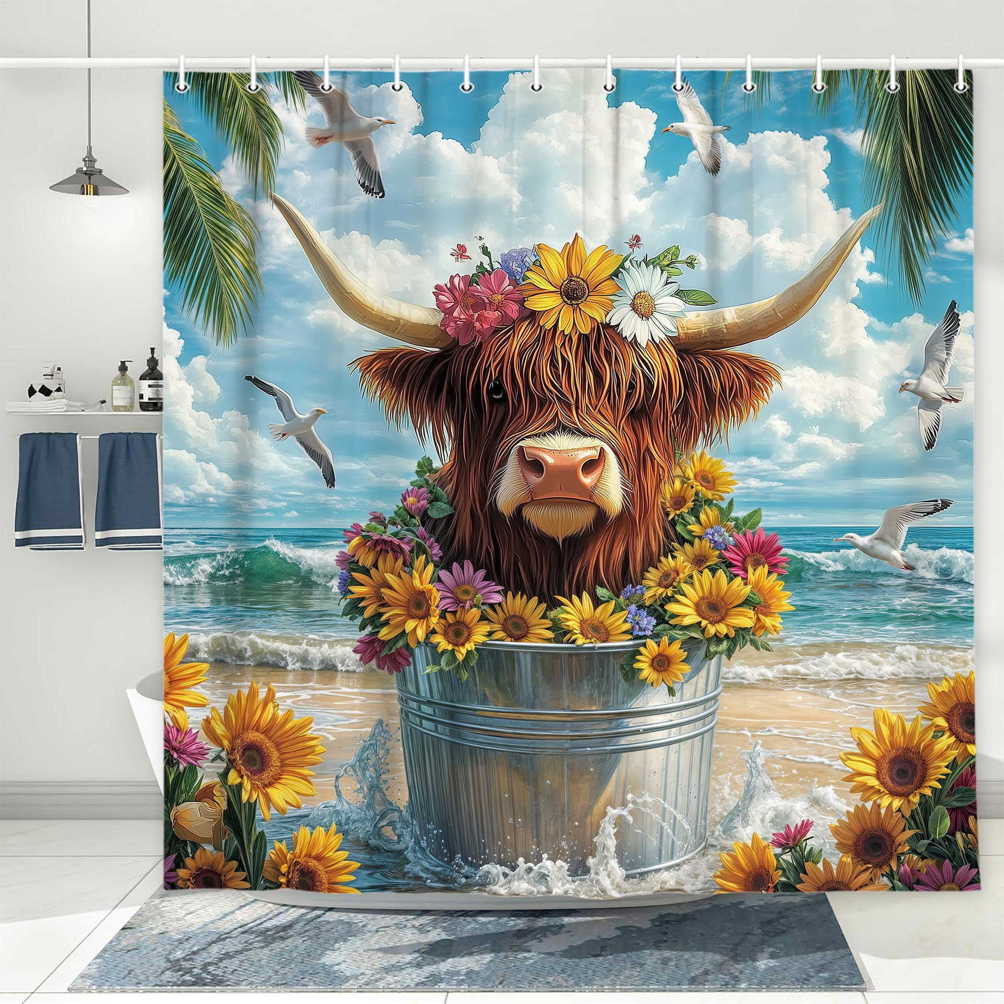 Beach Cow Shower Curtain, Farmhouse Western Rustic Floral Funny Highland Cow Bathroom Shower Curtain Set, Summer Ocean Cute Farm Animal Sunflower Bathroom Accessories Decor, Hooks Included,72x72In