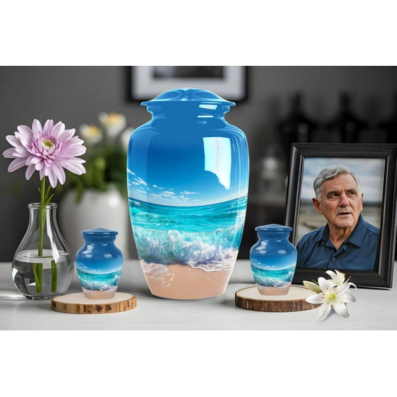 Beach Cremation Urn Set for Mom or Grandma – Blue Sky and Wave Memorial with Keepsakes – Coastal Tribute – 10" Large + 2x 3" Keepsakes