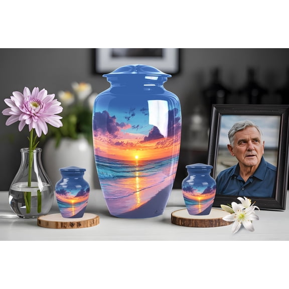 Beach Cremation Urn Set for Mom or Partner – Ocean Wave Ashes Memorial with Keepsakes – 10" Large + 2x 3" Keepsakes