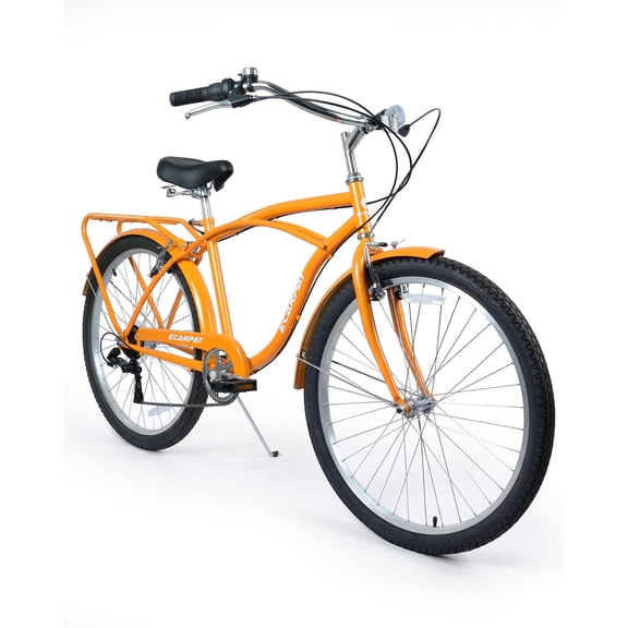 Beach Cruiser Bike for Women and Men, 26 Inch 7-Speed Commuter City Bicycle, High-Tensile Steel Frame & Lightweight Alloy Wheels with Rear Rack, Classic City Cruiser, Orange