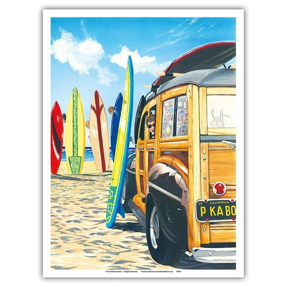 Beach Cruiser Kids - Retro Woodie on Beach with Surfboards - From an Original Color Painting by Scott Westmoreland - Master Art Print (Unframed) 9in x 12in