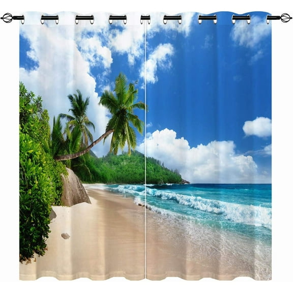 Beach Curtain, Tropical Coastal Hawaiian Island Palm Trees Summer Ocean Waves Pattern Waterproof Grommet Window Drapes for Bedroom Kitchen Bathroom Window Small Closet Cafe 2 Panels W27.5 x L39