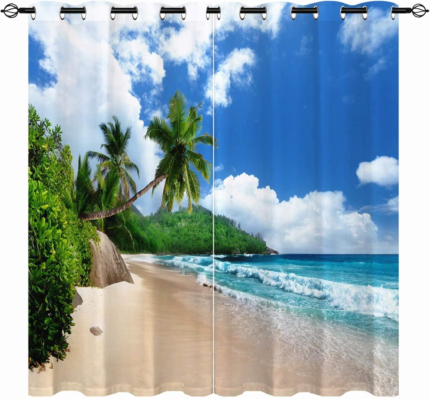 Hawainn Pattern Window Beach Curtain, Tropical Coastal Hawaiian Island Palm Trees Summer Ocean ...