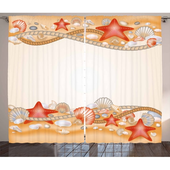Ambesonne Beach Curtains 2 Panel Set, Sand Seashells Themed Print, 108 ...
