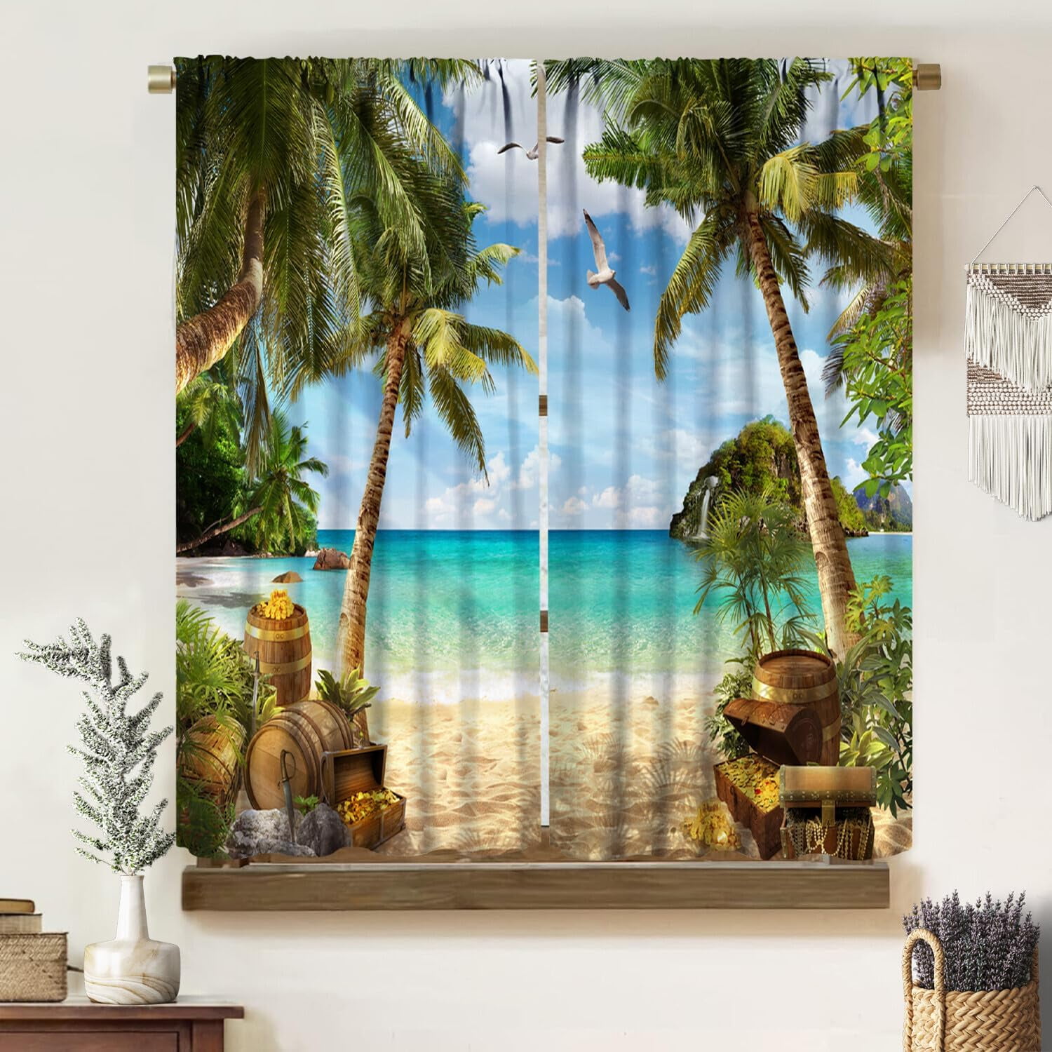 Hawainn Pattern Window Beach Curtains,Blue Ocean Tropical Hawaiian Summer Sea Waves Scenery ...