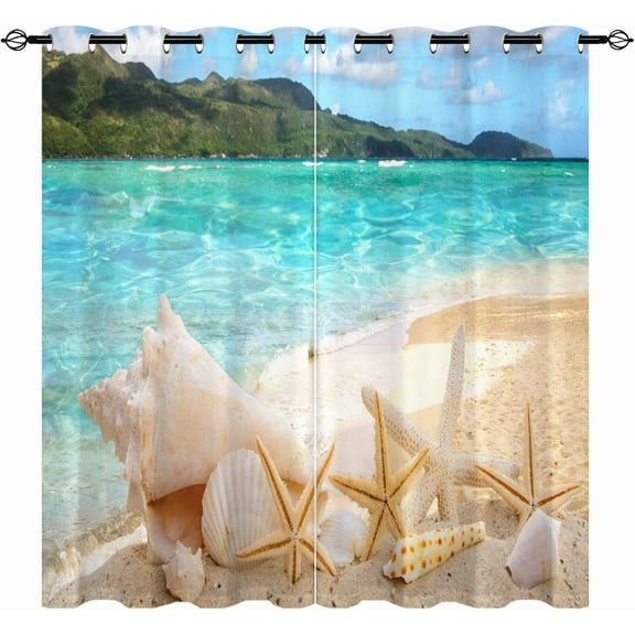 Beach Curtains, Ocean Tropical Hawaiian Island Sea Waves Starfish Shells Print Pattern Waterproof Grommet Window Drapes for Bedroom Living Room Laundry Room Closet Cafe 2 Panels W52 x L63