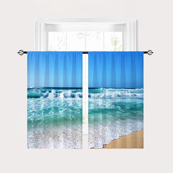 Beach Curtains - Ocean Tropical Summer Hawaiian Blue Sea Waves Scenery Pattern Home Decor Waterproof Fabric Rod Pocket Window Drapes for Kitchen Bedroom Bathroom Window 2 Panels W27.5 x L39