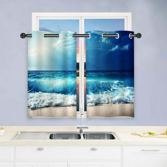 Beach Curtains, Ocean Tropical Summer Hawaiian Blue Sea Waves Scenery Print Pattern Waterproof Grommet Window Drapes for Bedroom Kitchen Bathroom Window Small Closet Cafe 2 Panels W27.5 x L39