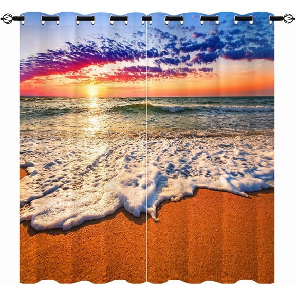 Beach Curtains, Ocean Tropical Summer Hawaiian Sunset Sea Waves Scenery Pattern Waterproof Grommet Window Drapes for Bedroom Kitchen Bathroom Window Small Closet Cafe 2 Panels W27.5 x L39