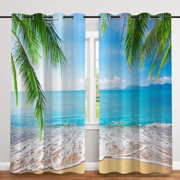 Beach Curtains, Palm Ocean Blackout Curtains For Bedroom Living Room Nursery, Green Blue 26"W x 63"L (Pack of 2)