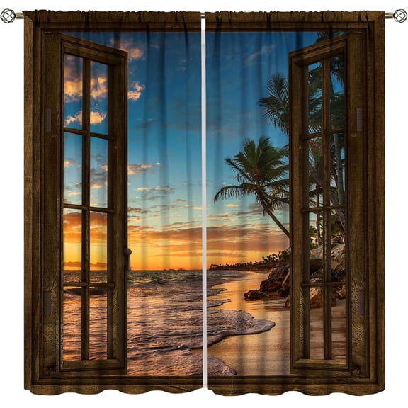 Beach Curtains, Summer Nature View Sunset Print Rod Pocket Blackout Window Drapes for Living Room, 42x84in, 2 Panel Set