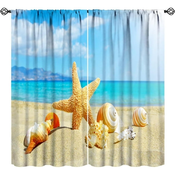 Beach Curtains Summer Tropical Beach Conch Starfish Art Printed Bedroom Living Room Bathroom Blackout Rod Pocket Decoration Window Drapes 2 Panels W21xL54in