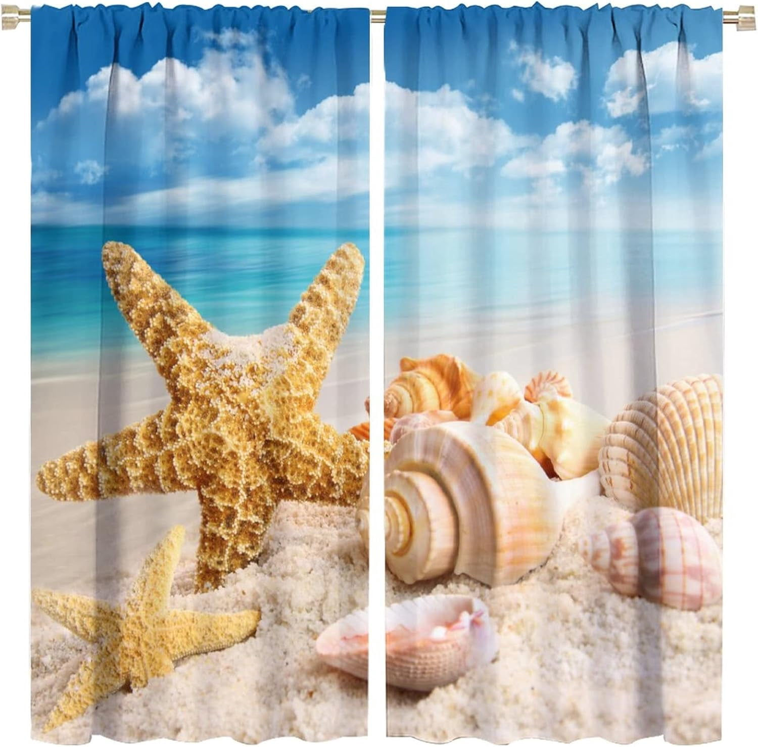 Beach Curtains Summer Tropical Beach Starfish Conch Seashell Blue Sky ...
