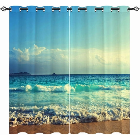 Beach Curtains, Tropical Ocean Summer Hawaiian Blue Sea Waves Scenery Print Pattern Waterproof Grommet Window Drapes for Bedroom Living Room Laundry Room Closet Cafe 2 Panels W52 x L84