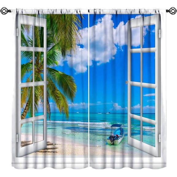 Beach Curtains, Tropical Sea Palm Tree Scenery Scene 3D Open Window Print Rod Pocket Window Treatments for Living Room Cafe Office, 84" W X 84" L