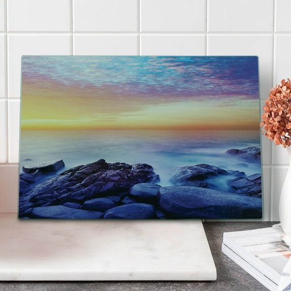Beach Cutting Board, Dream Sky with Rainbow Colors in the Morning Seascape Fantasy Imaginary Planet Photo, Decorative Tempered Glass Cutting and Serving Board, Large Size, Blue Purple, by Ambesonne