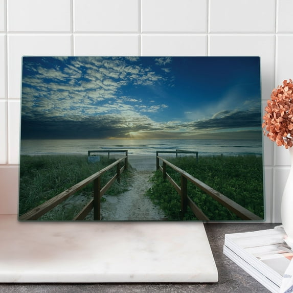 Beach Cutting Board, Entry to the Beach with Leading Handrails Surrounded by Bushes Sunrise Cloudy Weather, Decorative Tempered Glass Cutting and Serving Board, Large Size, Multicolor, by Ambesonne