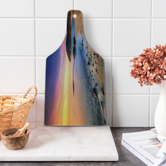 Beach Cutting Board, Famous Mediterranean Sun Rise on the Coast Pebbles Tourism Serene View Print, Decorative Tempered Glass Cutting and Serving Board, Wine Bottle Shape, Multicolor, by Ambesonne