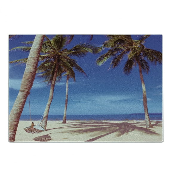 Beach Cutting Board, Image of an Hammock at Summer Tropical Coast by the Ocean Palms Surreal, Decorative Tempered Glass Cutting and Serving Board, Small Size, Navy Cream Green, by Ambesonne