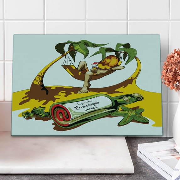 Beach Cutting Board, Image of Young Man in Hammock and Message in a Bottle at Beach Design, Decorative Tempered Glass Cutting and Serving Board, Large Size, White Green Yellow, by Ambesonne