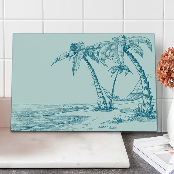 Beach Cutting Board, Modern Illustration of a Tropical Sand Palm Trees and Hammock Hawaiian Relax, Decorative Tempered Glass Cutting and Serving Board, Large Size, Blue White, by Ambesonne