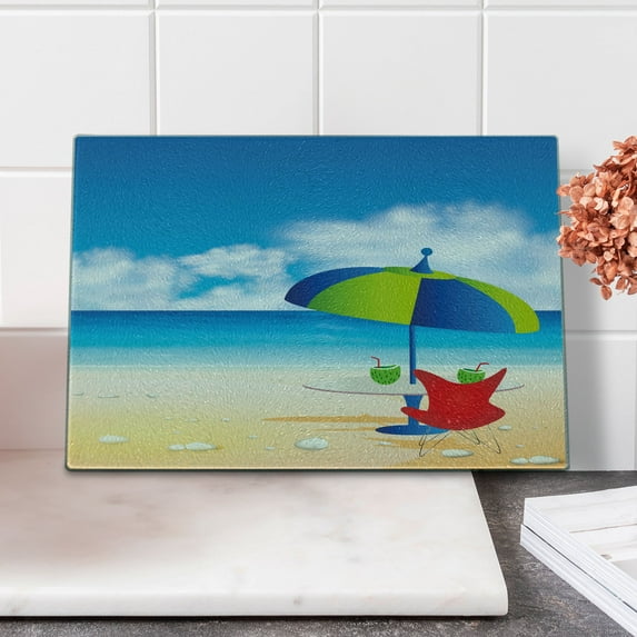 Beach Cutting Board, Relaxing Scene with Umbrella and Drinks Open Skyline Holiday Destination Summer Time, Decorative Tempered Glass Cutting and Serving Board, Small Size, Multicolor, by Ambesonne