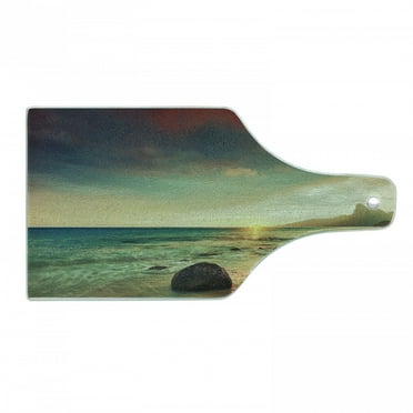 Beach Cutting Board, Sunrise over the Sea Tropical Water Summer Rock and Dramatic Sky Nature, Decorative Tempered Glass Cutting and Serving Board, Wine Bottle Shape, Blue Cream, by Ambesonne