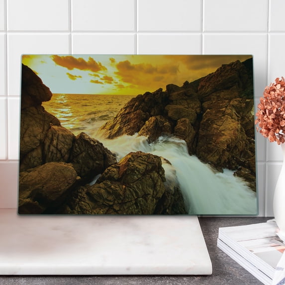 Beach Cutting Board, Sunset and Waves over Tropical Wild Rocks on Beach Heaven Nature Summer Calm Print, Decorative Tempered Glass Cutting and Serving Board, Large Size, Orange Grey, by Ambesonne