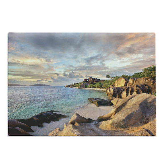 Beach Cutting Board, Tropical Rock Sandy Beach at Sunset in Island with Majestic Sky Art on Earth Photo, Decorative Tempered Glass Cutting and Serving Board, Large Size, Cream Blue, by Ambesonne