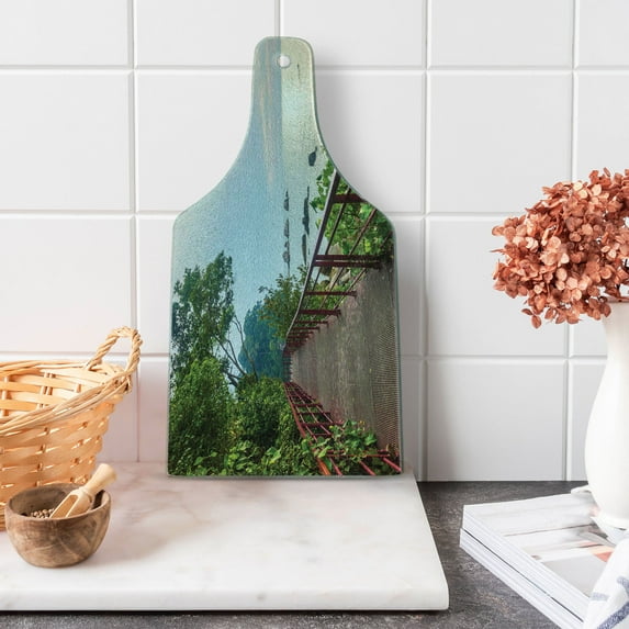 Beach Cutting Board, Walkway and Jogging Track by Sea in Cinque Terre Italian Mediterranean Vacation, Tempered Glass Cutting and Serving Board, Wine Bottle Shape, Green Chocolate, by Ambesonne