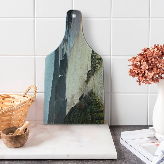Beach Cutting Board, Western Portugal Ocean Coastline at Low Tide Vignettes Shot Canyons Wild Neat Scenery, Tempered Glass Cutting and Serving Board, Wine Bottle Shape, Multicolor, by Ambesonne