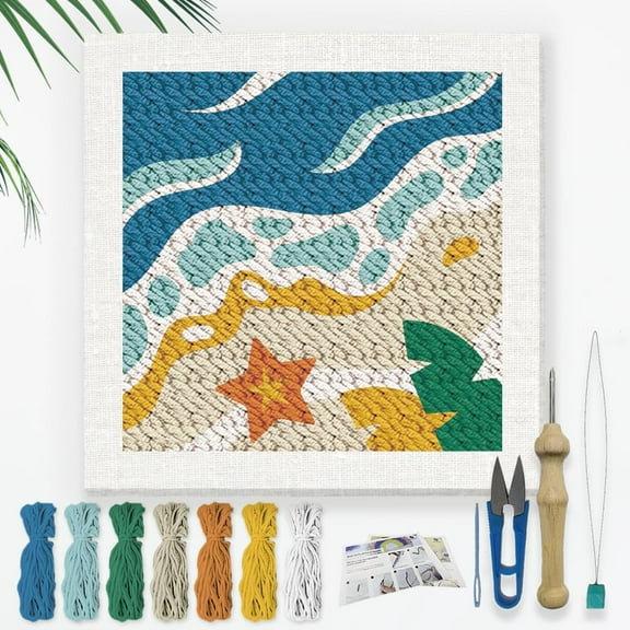 Beach DIY Punch Needle Embroidery Kit for Adult Beginner 9.4" Summer Sea Wave Punch Stitching Craft Set for Starter with Frame Fabric Pattern Threader Yarn Pinch Needle Brown