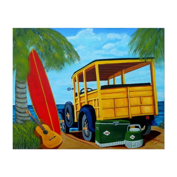 Beach Day - Painting Surfboard Beach Vintage Palm Tree Tropical Ocean Classic Car Unframed Wall Art Print 8 x 10 inches