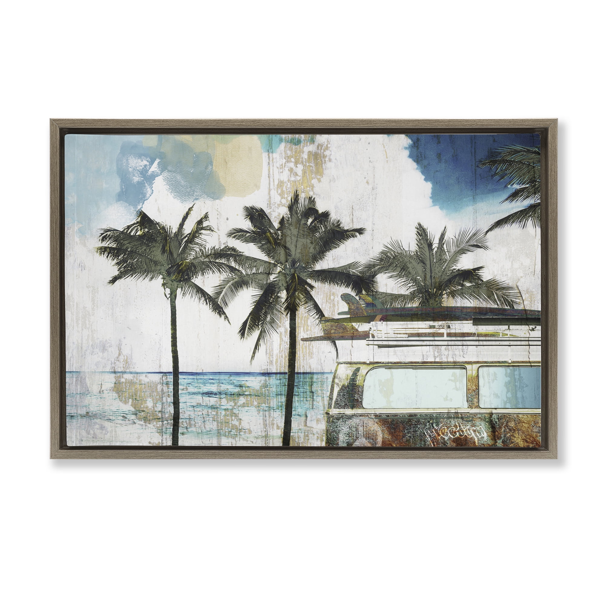 Beach Day Retro Vacation Brown Framed Floater Canvas Wall Art, design by Sasha