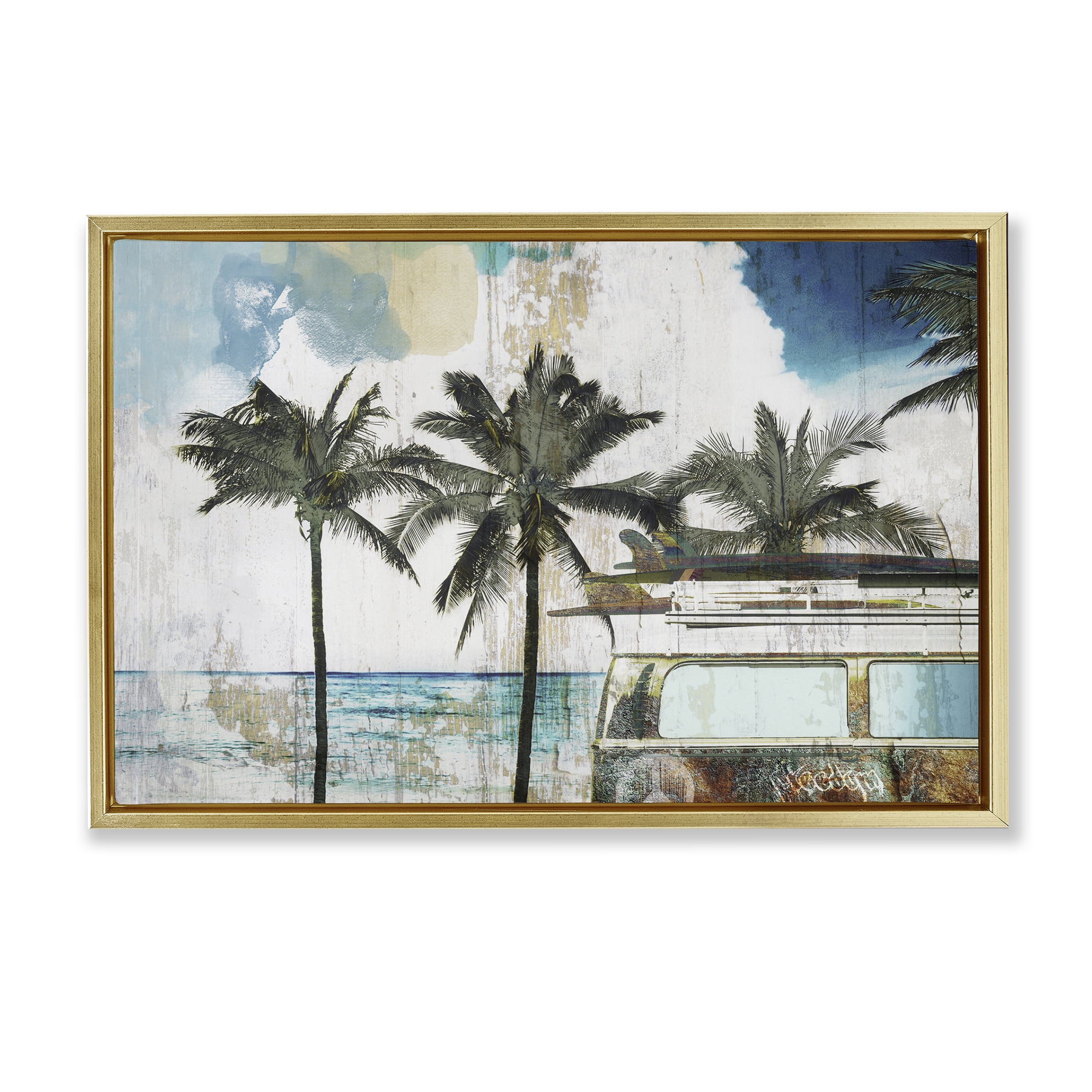Beach Day Retro Vacation Gold Framed Floater Canvas Wall Art, design by Sasha