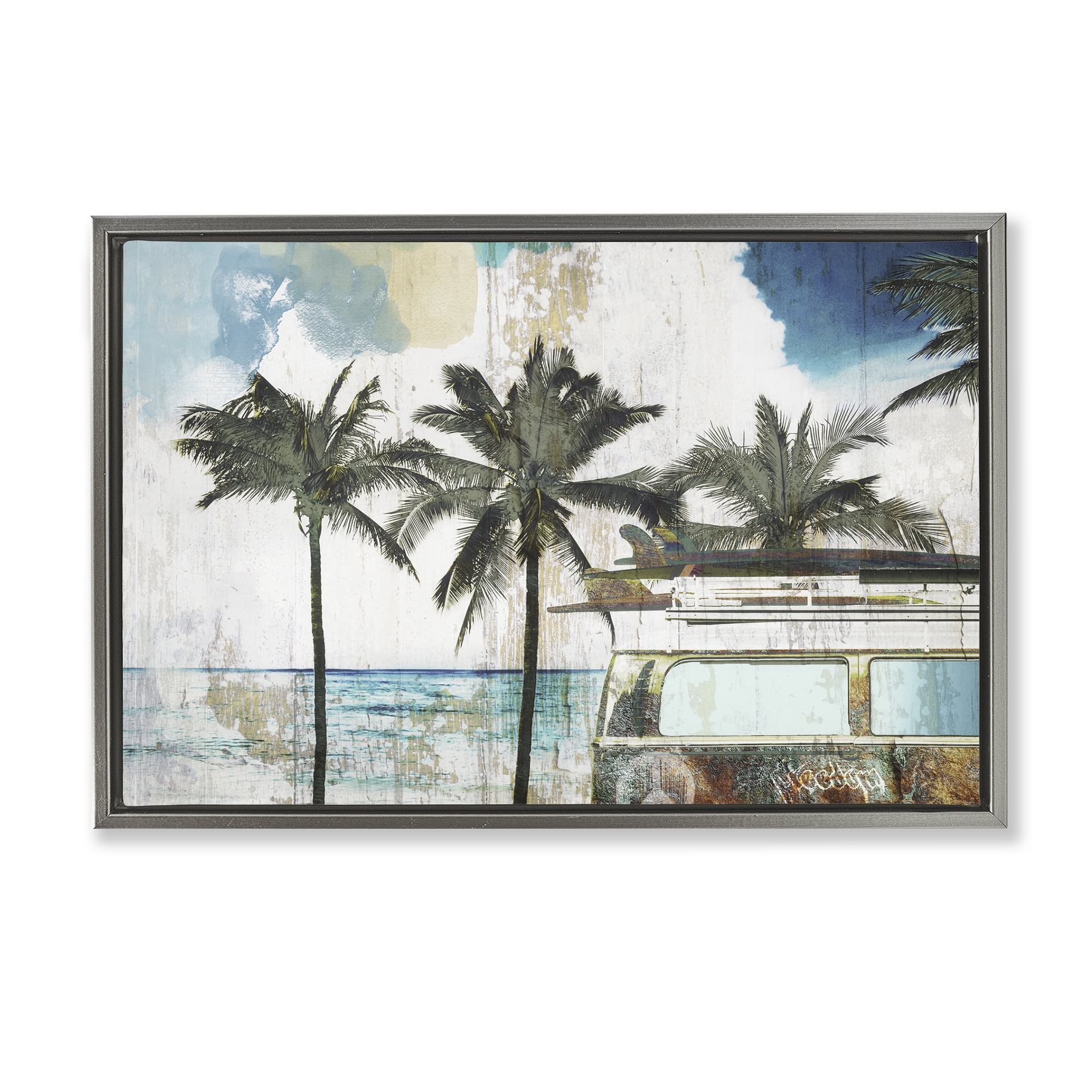 Beach Day Retro Vacation Gray Framed Floater Canvas Wall Art, design by Sasha