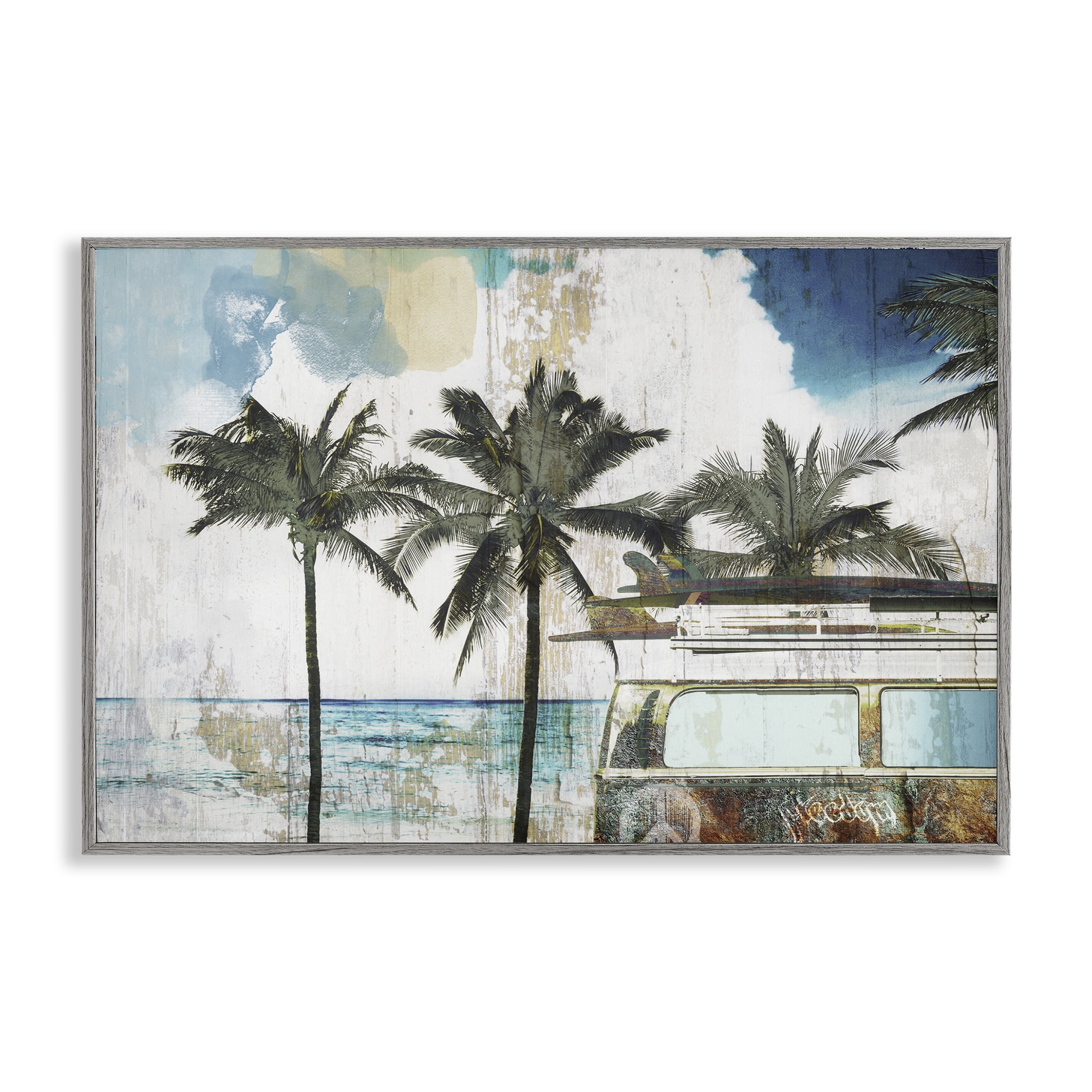 Beach Day Retro Vacation Gray Framed Giclee Art, design by Sasha