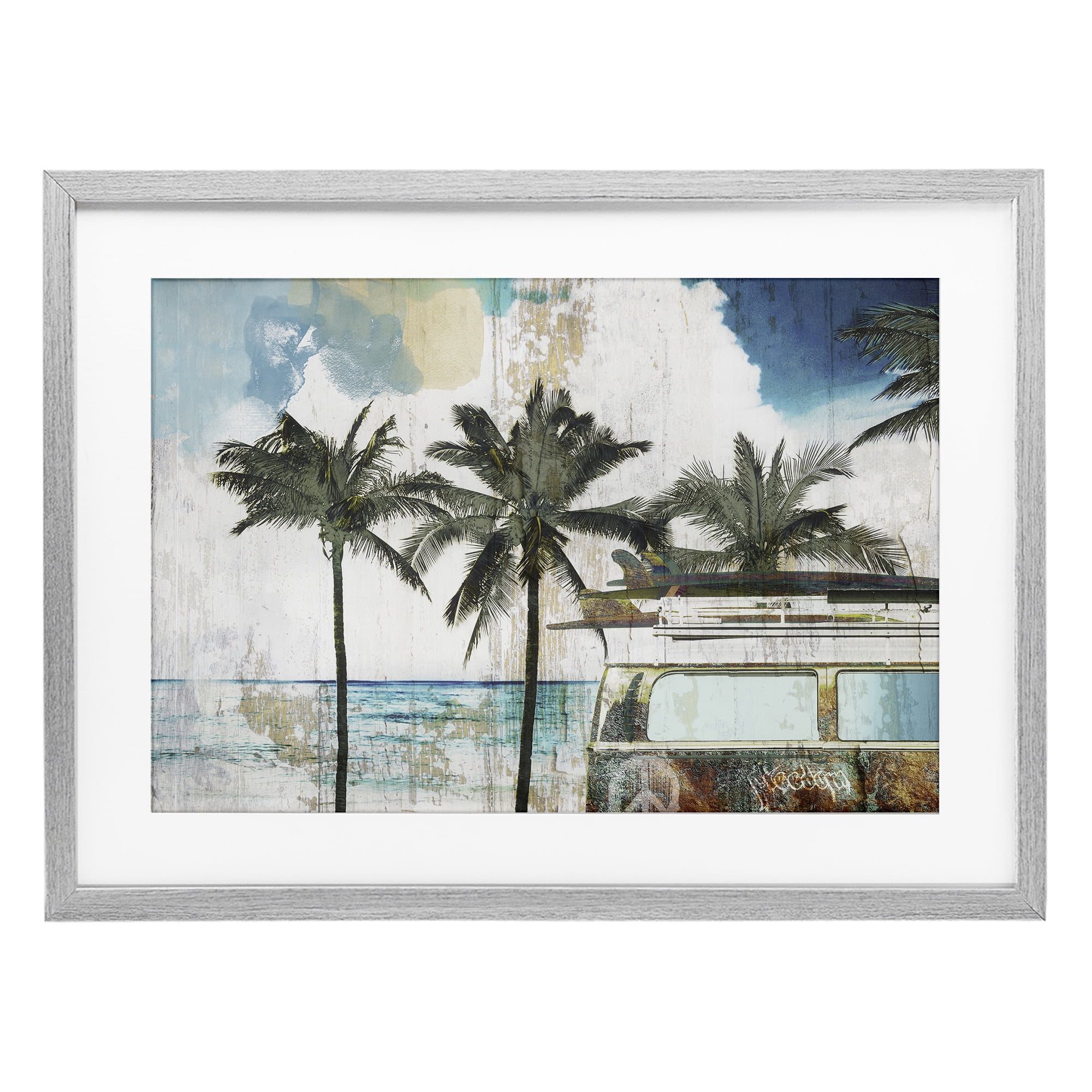 Beach Day Retro Vacation Gray Framed Print Under Glass, design by Sasha
