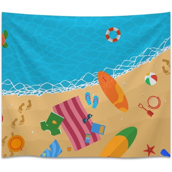 Beach Day Tapestry Summer Ocean Wave Coastal Illustration Surfboard Umbrella Flip-Flops Seashell Starfish Turtle Tropical Boho Aesthetic Cartoon Wall Tapestry 30x40inch