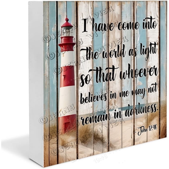 Beach Decor Lighthouse - Religious Scripture Wooden Box Sign Beach Themed Gifts Country Decor for Party Shelf Decor for Bedroom Wood Block Signs For Desk Decoration 5x5 In