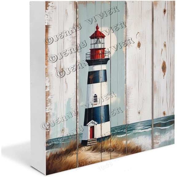 Beach Decor Lighthouse Wooden Box Sign Gifts for Women Funny Summer Decor for Mantle Chic Bathroom Decor Rustic Table Decor for Living Room Wood Block Signs For Shelf Desk 5x5 In