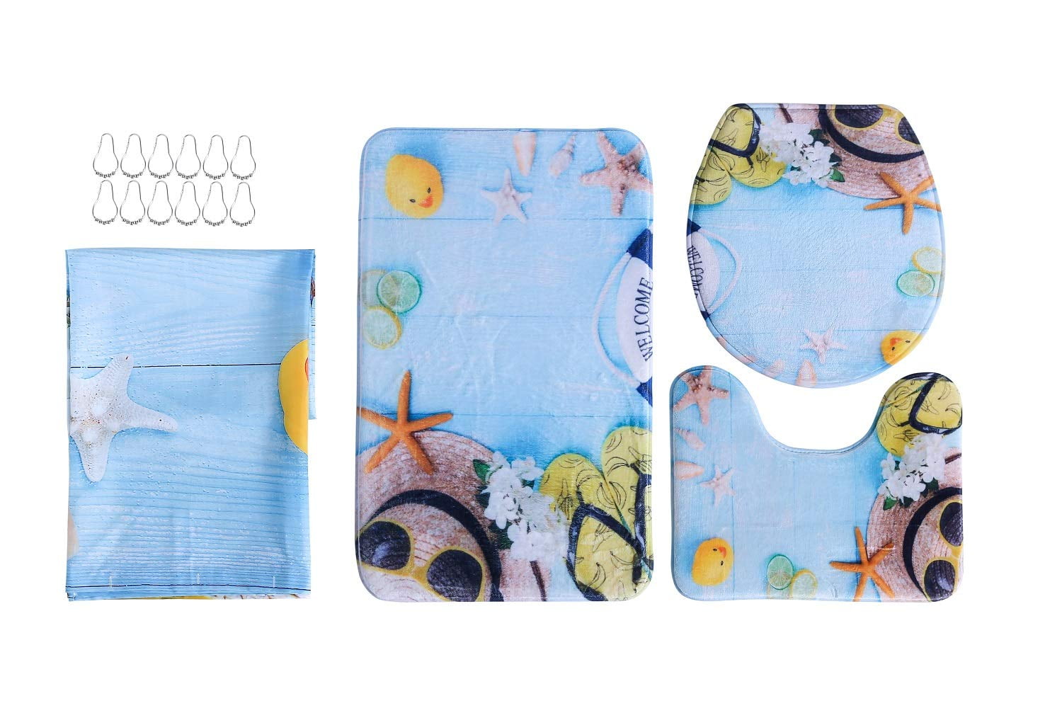 Beach Decor Memory Foam Bath Rug Set Blue Beach Theme Design Bathroom and Contour mat with Matching Shower Curtain and Metal Rings (Beach Design)