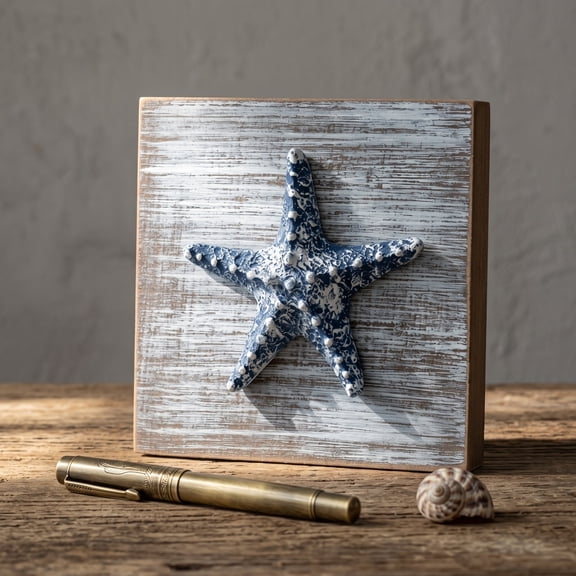Beach Decor Seashell Wall Art - Textured 3D Shells and Starfish Decorations for Home or Beach House, Rustic Ocean Theme Coastal Bedroom or Bathroom Wall Decor 6" x 6" - Blue Starfish