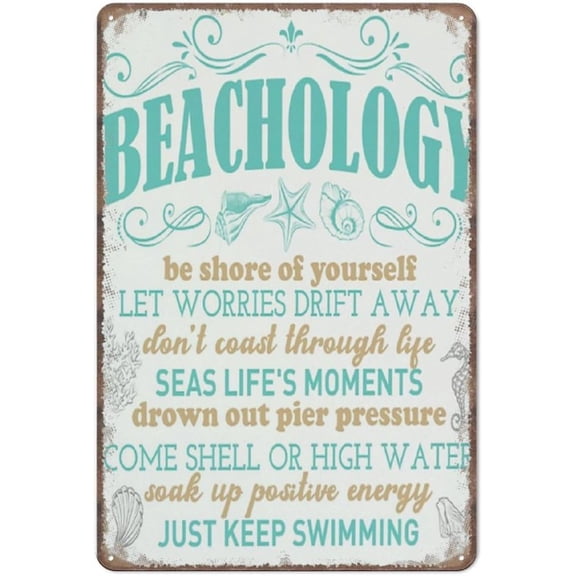 Beach Decor Sign Beach House Ocean Coastal Sea Decoration Beachology Beach Gifts for Women Men Funny Metal Sign Poster for Kitchen Garden Bathroom Farm Home Coffee Decor Tin Sign 8 X 12 Inches