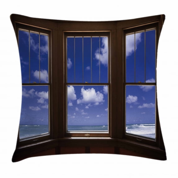 Beach Decor Throw Pillow Cushion Cover, Sea Ocean Scenery Waves View From Summer House Window Image, Decorative Square Accent Pillow Case, 24 X 24 Inches, Dark Brown Navy Blue and White, by Ambesonne